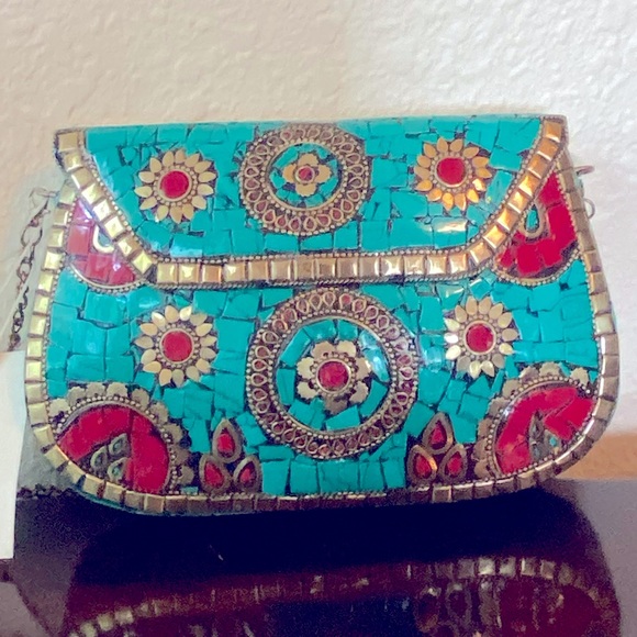 Antik Kraft Metal Convertible Turquoise Purse Mosaic Tiles Gold chain NWT - Picture 1 of 14